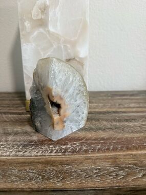 Polished Agate Geode Display - White and Tan Crystal